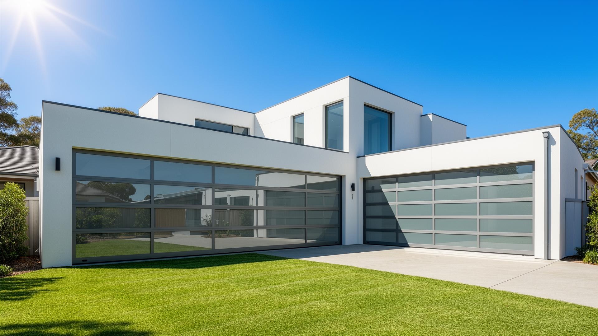 Modern contemporary home with full glass panel garage doors in Sarasota, Florida